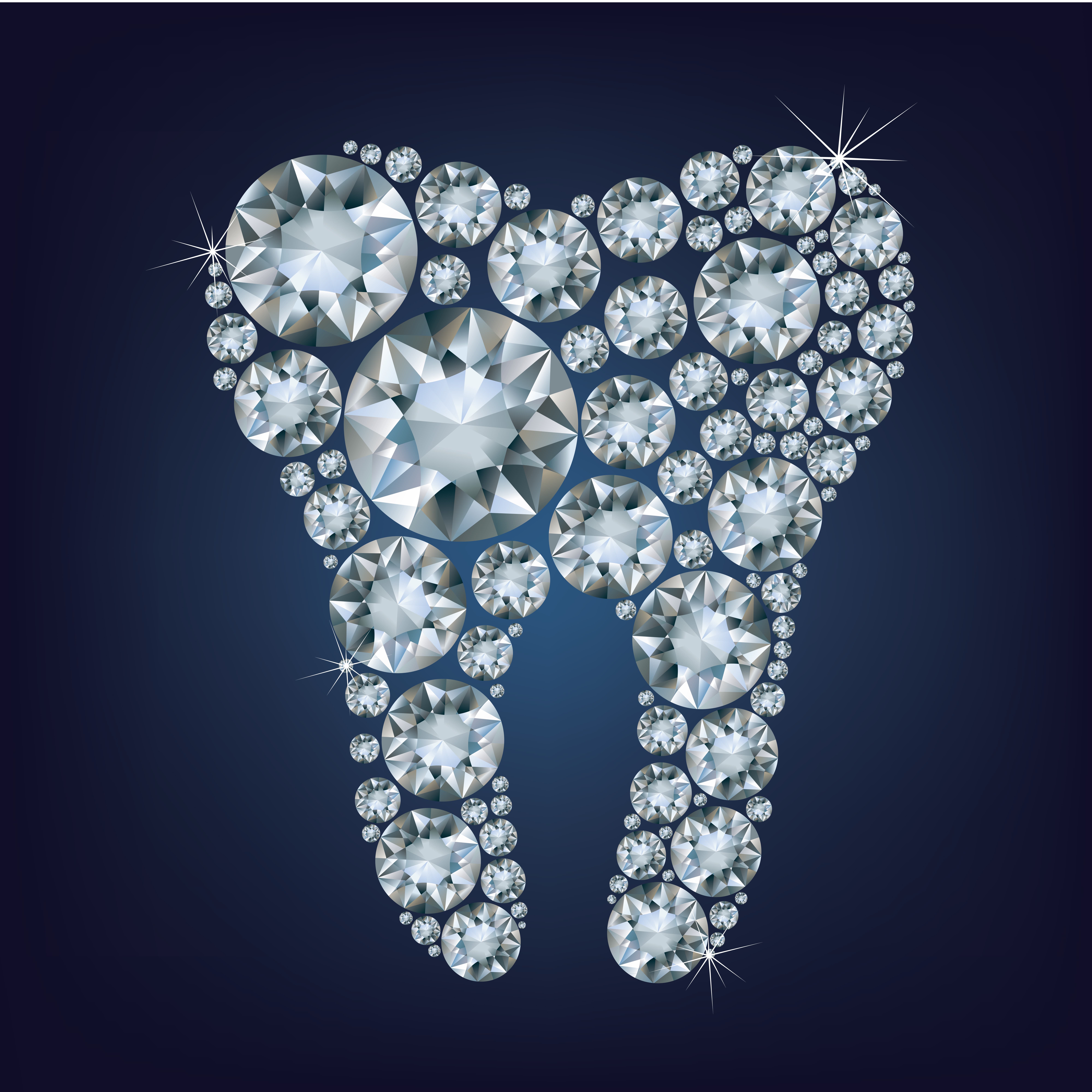 Diamonds of various sizes arranged into the shape of a tooth on a navy background